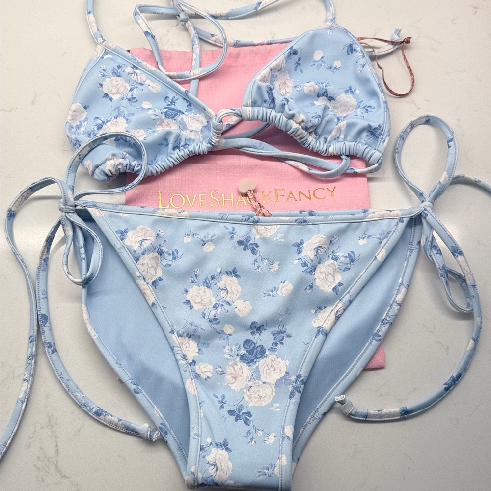 LoveShackFancy Tween Dannie Heirloom Print Bikini, color: whisper blue